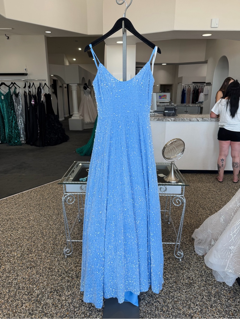 Sparkling Light Blue Sequin Velvet Spaghetti-Strap Evening Dress Lace Up Back
